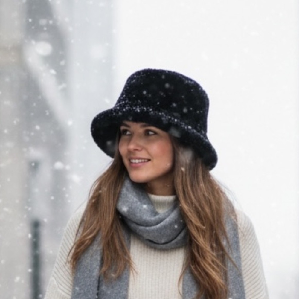 Faux Fur Furry Bucket Hat Winter Warm Unisex Adjustable Lightweight Black